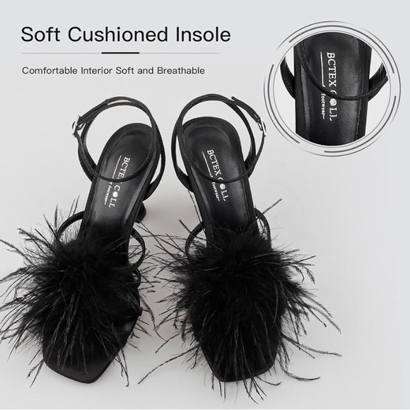 Size 9.5 Fluffy Feather Square Open Toe Ankle Strap Sexy Heel - Picture 2 of 8